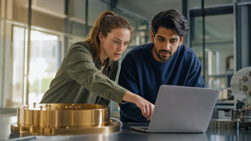 Two engineers in a bright lab lean over an open laptop, discussing what is on the screen.