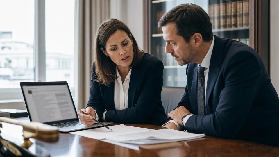 Two lawyers reviewing documents at a conference table in a sunlit law office