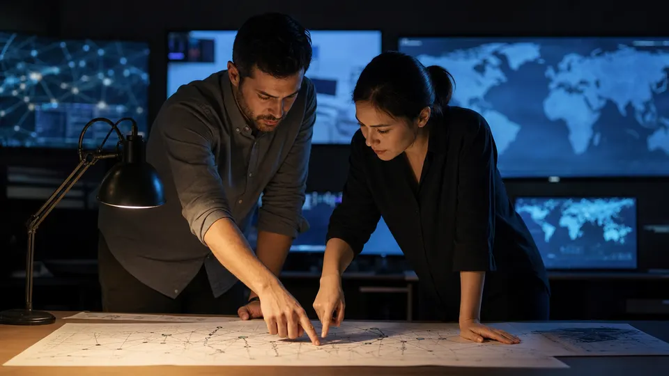 Two security engineers study a large network diagram on a table in a dim operations room.