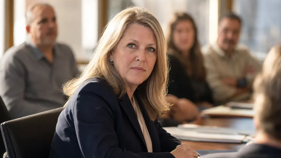 Illustrative photo of a labor union leader seated at a meeting table in a conference room, looking attentive, with colleagues softly blurred behind her.