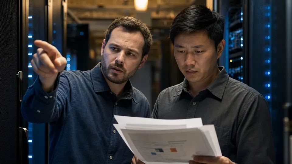 Two engineers in a server room discuss a printed stack of charts between rows of server racks.