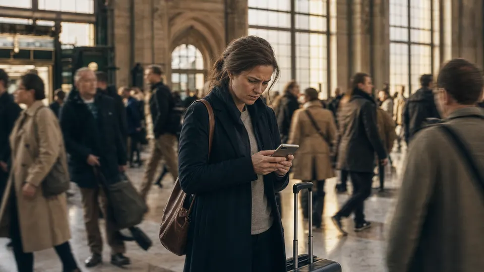 A traveler frowns at her phone on a crowded railway station concourse in evening light.