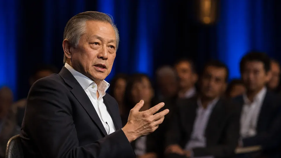 A chip-company chief executive speaking on a conference stage in front of a blurred audience, lit by warm spotlights.