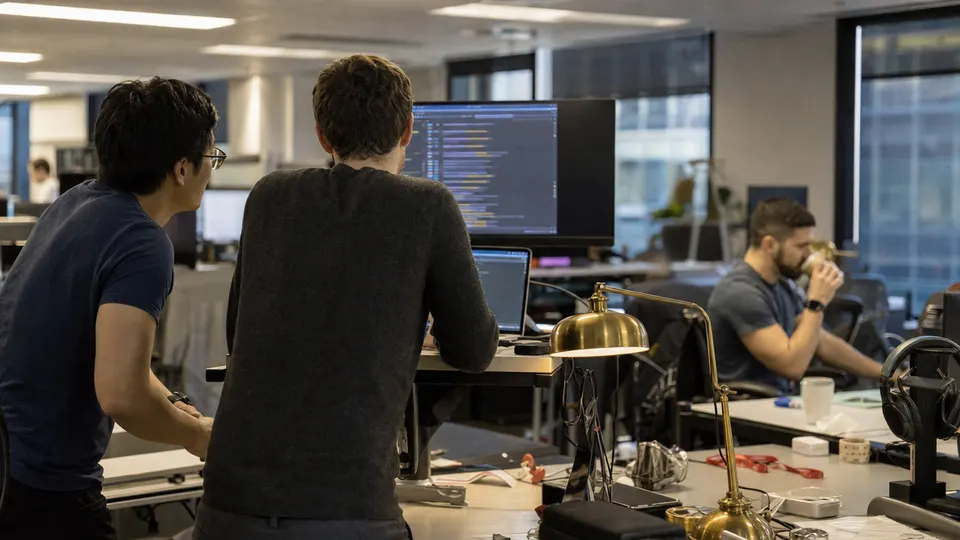 Software developers reviewing code changes on monitors in an open-plan office, with a brass desk lamp on a desk in the foreground.