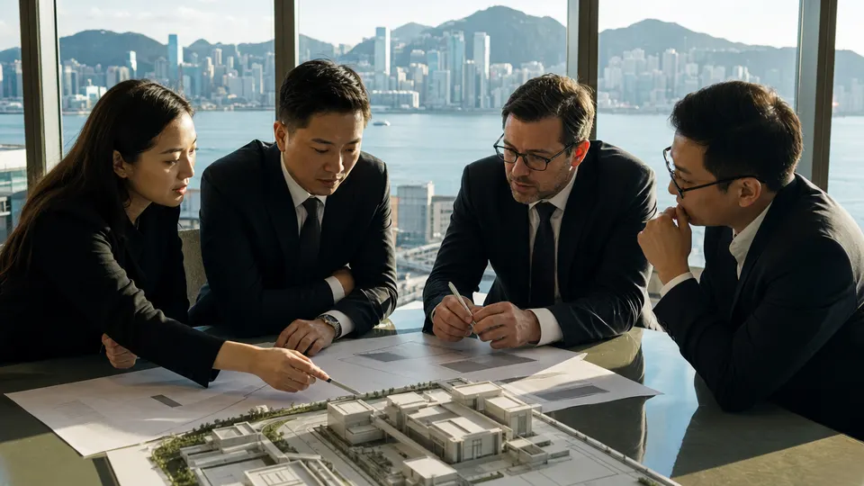 Executives and bankers in discussion around a conference table with a model of a data-center campus, harbor skyline visible behind them.