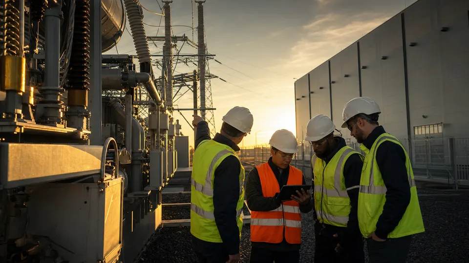Engineers and developers in hard hats inspect a large power transformer at a substation next to a data center campus at golden hour.
