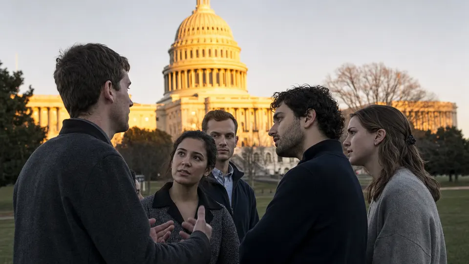 Anonymous staffers and campaign volunteers talk on the lawn in front of the U.S. Capitol at golden hour.