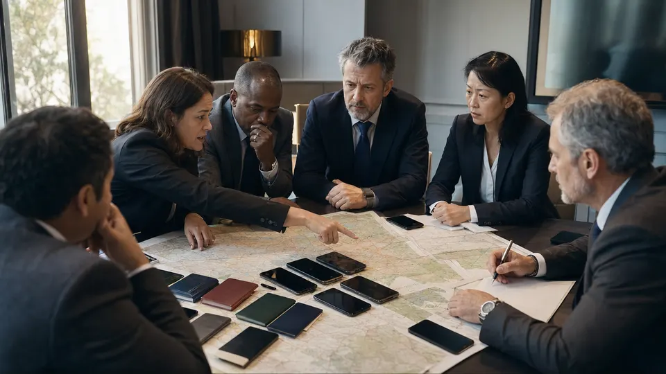 International fraud investigators gather around a table of seized phones and passports and a wall map in a briefing room.