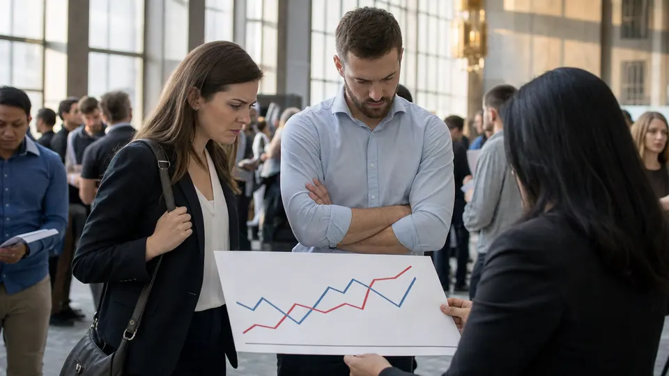 Two job seekers at a recruiter's table at a busy job fair, studying a large printed line chart with skeptical expressions.