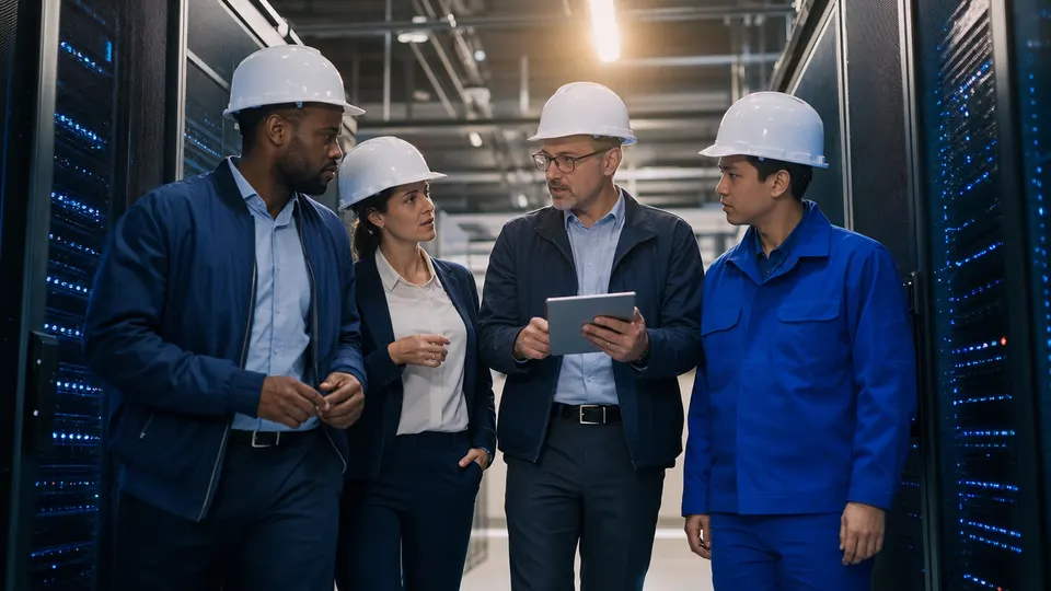 Engineers in hard hats confer in a long aisle of server racks inside a large data center.