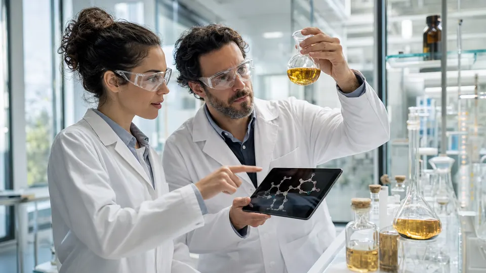 Two scientists in lab coats examine a vial and a tablet showing molecular diagrams at a laboratory bench.