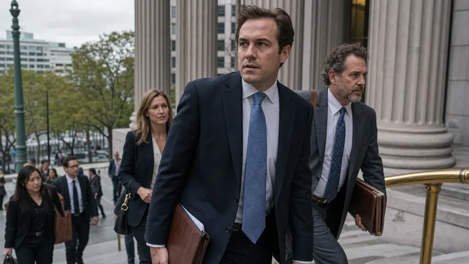 Illustrative photo of lawyers and onlookers climbing the steps of a federal courthouse on an overcast morning.
