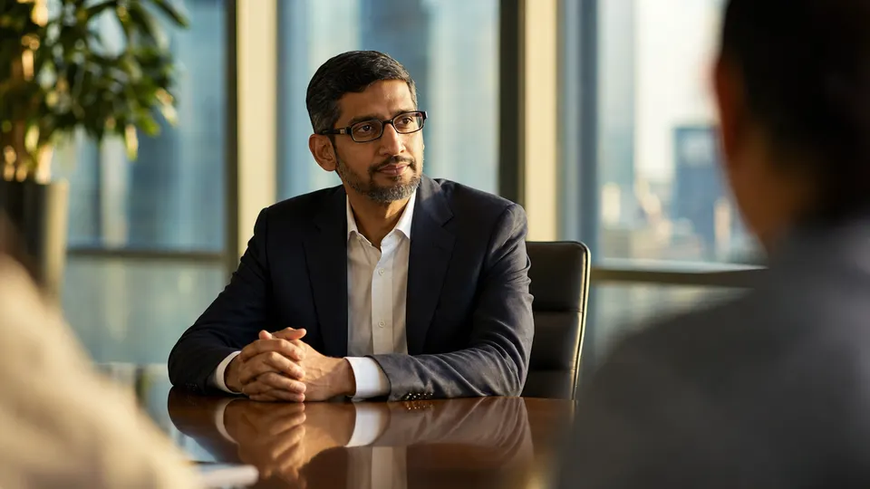 Sundar Pichai seated at a conference table in a bright boardroom, looking attentively toward colleagues (illustrative image, not a real event).