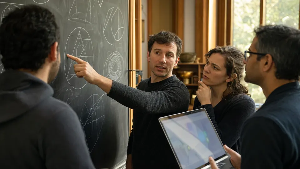 Mathematicians gather around a chalkboard of diagrams, studying a laptop with code and debating a proof in warm afternoon light.