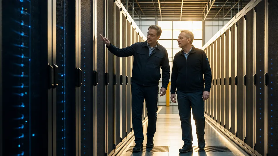 Two anonymous engineers inspect server racks in a modern data center near Frankfurt.