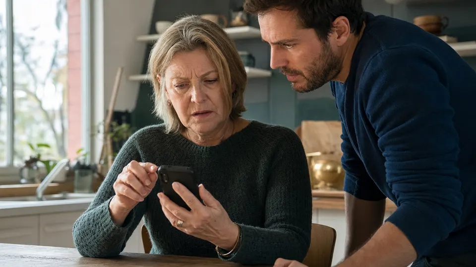 A woman and her adult son at a kitchen table look closely at a smartphone, pausing before tapping a link in a message.