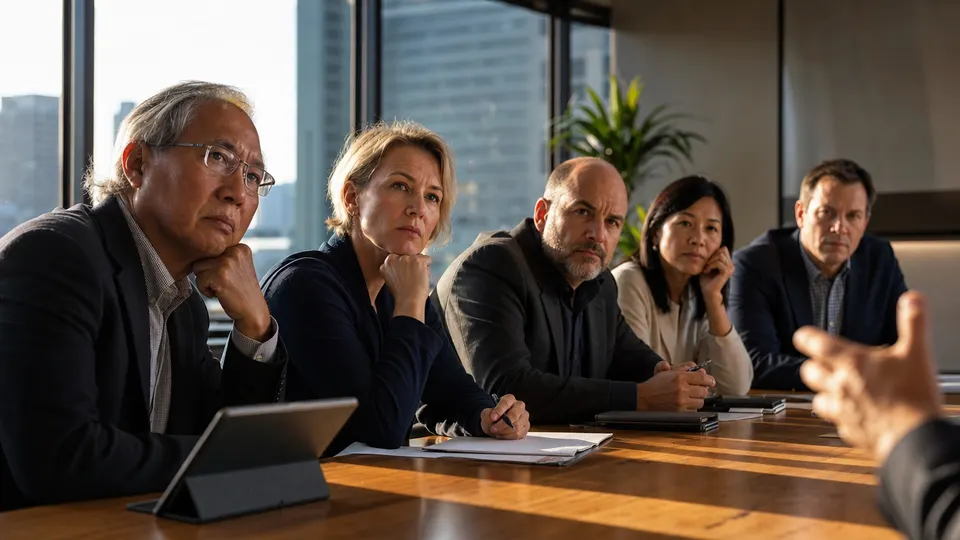 Investors listening attentively during a presentation in a conference room, illustrating the reported Anthropic IPO investor meetings.