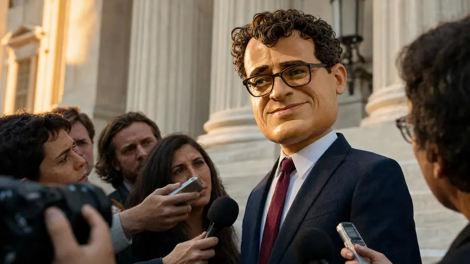 A puppet caricature of Dario Amodei stands on the steps of a government building facing a crowd of reporters with microphones in warm afternoon light.