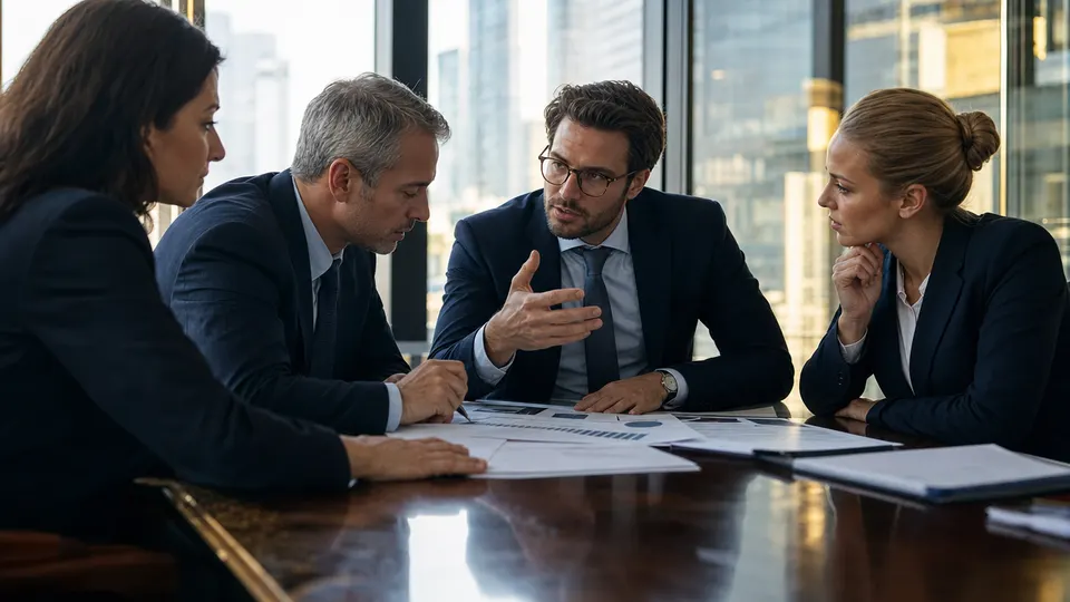 Illustrative photo of finance professionals in a tense negotiation around a conference table, reviewing documents.