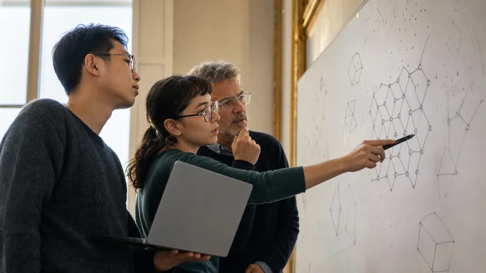Three researchers discuss lattice diagrams on a whiteboard in a lab, illustrating the cryptography analysis behind the story.