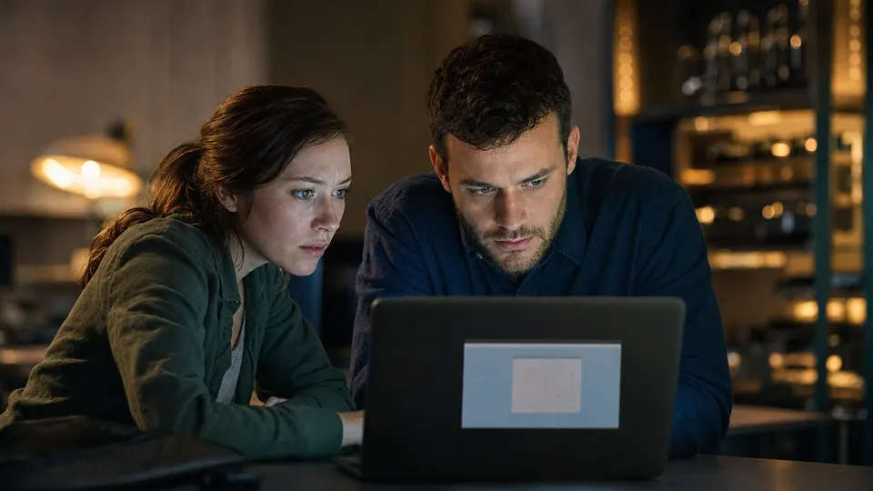 Two security engineers in a dim lab look at a laptop where a small calculator window has opened over a web browser.