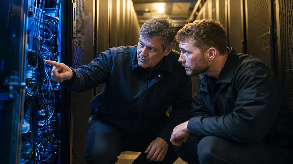 Two engineers inspecting an open server rack in a dimly lit data center aisle.