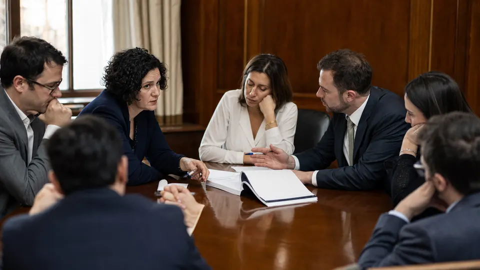Staffers and advisers gathered around a conference table in a wood-paneled room, studying a bound draft document in warm afternoon light.