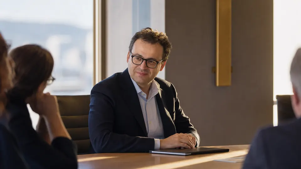 Illustrative photo of a technology executive seated at a conference table in a bright meeting room, in three-quarter view.