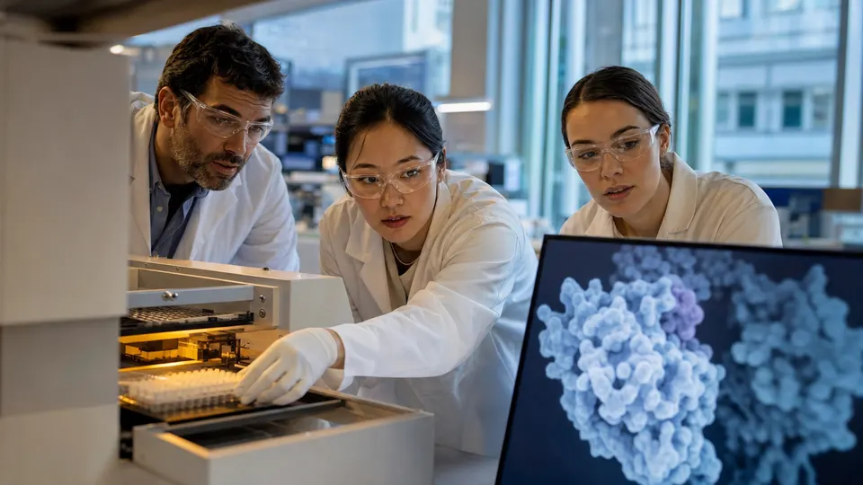Scientists in a laboratory loading samples into automated equipment while reviewing molecular models on a monitor