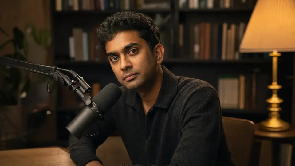 A man seated at a studio microphone, looking toward the camera with a thoughtful expression (illustrative image, not a real event).
