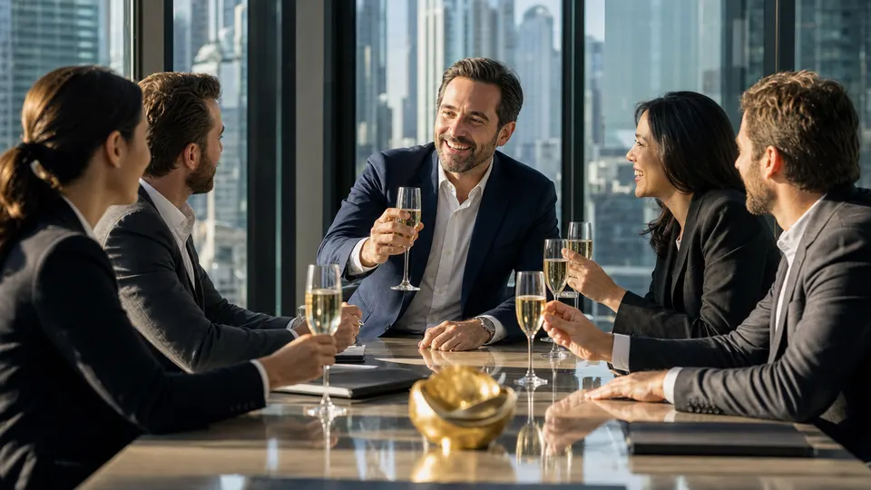 Illustration-style photo of investors toasting around a boardroom table in warm golden light, high above a city skyline.