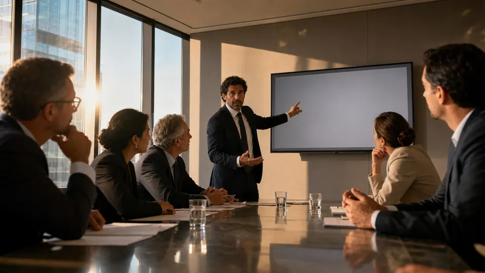 Investors and finance professionals around a conference table during a presentation, in warm window light.