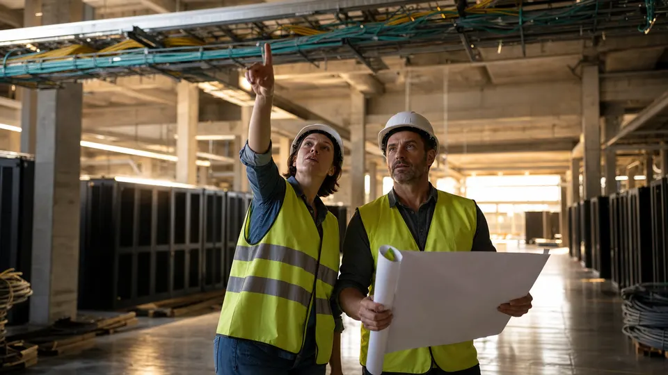 Two engineers in hard hats and vests inspect cabling and blueprints inside a large unfinished data center lit by warm afternoon light.