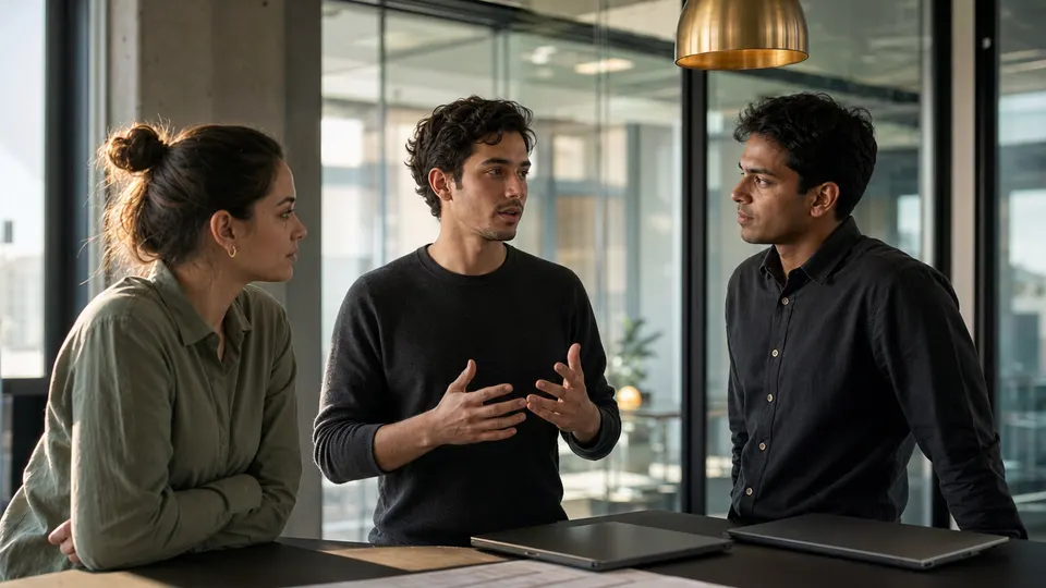 Three young engineers talking around a meeting table in a bright office, illustrating entry-level technical hiring