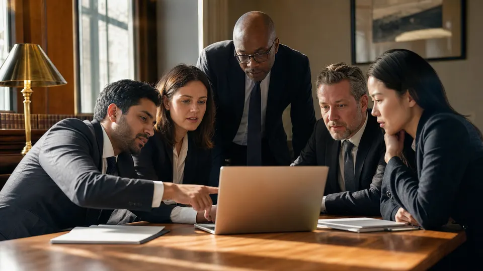 Lawyers and engineers talk across a conference table in a law office, gathered around a laptop.