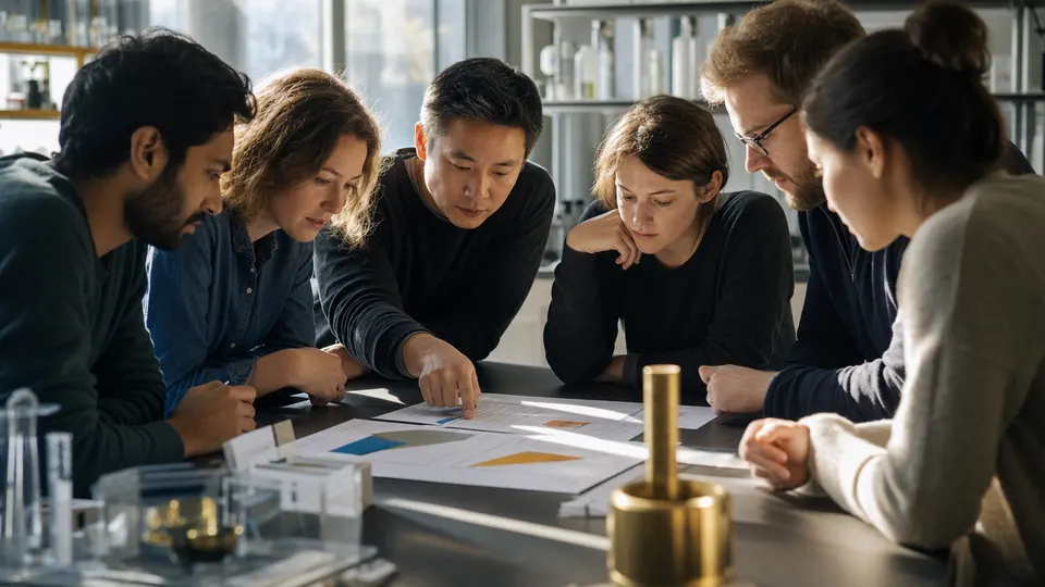 Six researchers collaborate around a table in a bright workspace, one pointing at a printed chart while the others lean in.