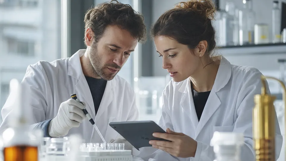 Two scientists in a laboratory discuss samples and results at a bench