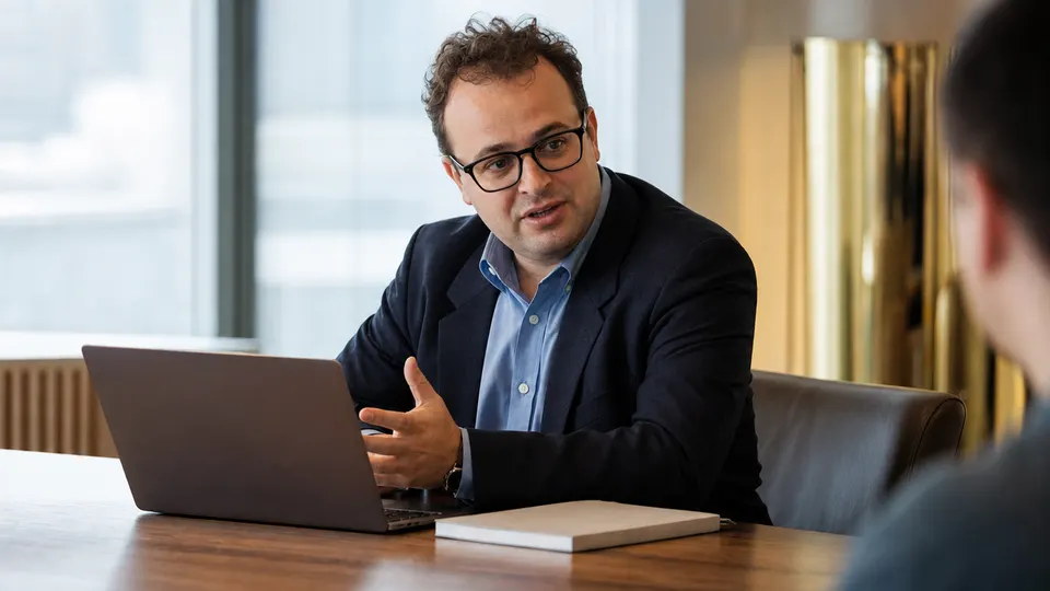 Illustrative photo of an executive in three-quarter view at a meeting table in a bright office, a laptop open before him.