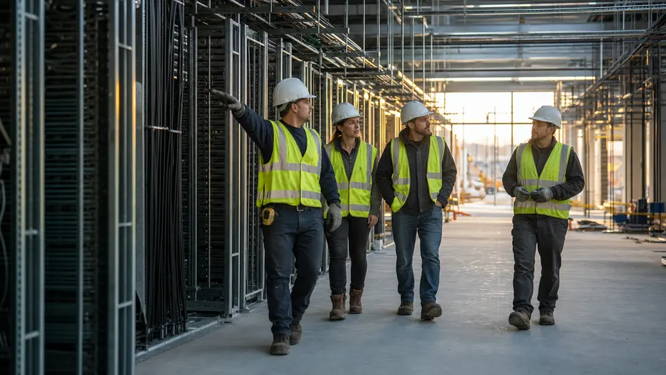 Engineers in hard hats inspect rows of server racks inside a large data center hall under construction.