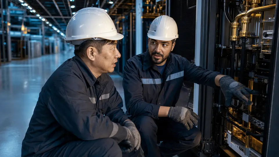 Two technicians in hard hats confer beside an open server rack in a large data center hall.