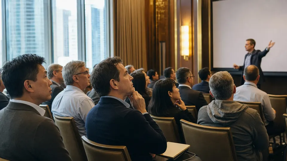 Investors listening to a presentation in a San Francisco conference room, illustrating Anthropic's pre-IPO investor meetings.