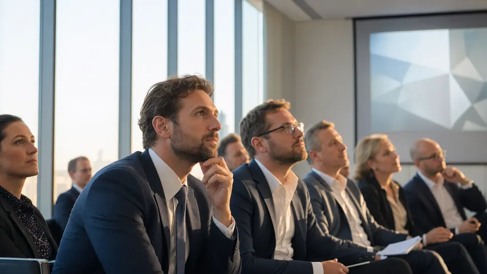 Investors listening intently during a briefing in a bright conference room, illustrating Anthropic's investor presentation.