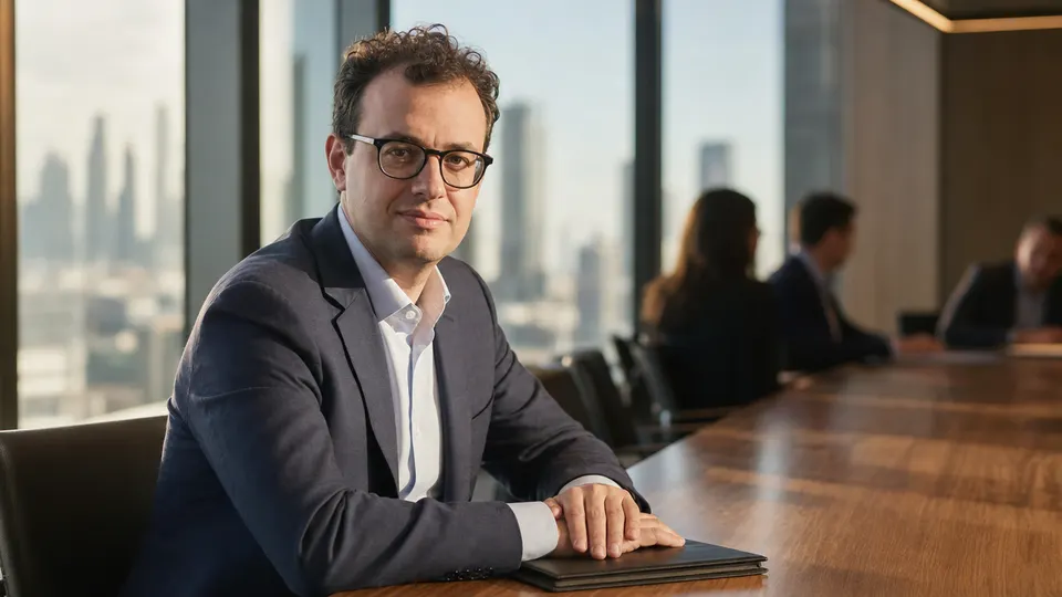 Editorial-style portrait of Anthropic CEO Dario Amodei seated at a boardroom table in warm window light.