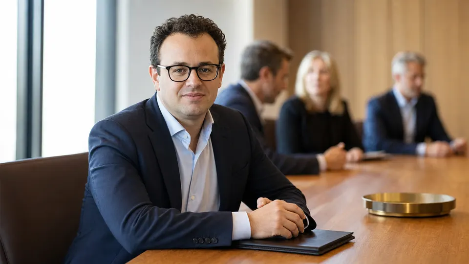 Portrait-style illustration of Dario Amodei at a boardroom table, in confident three-quarter view, with colleagues blurred behind him.