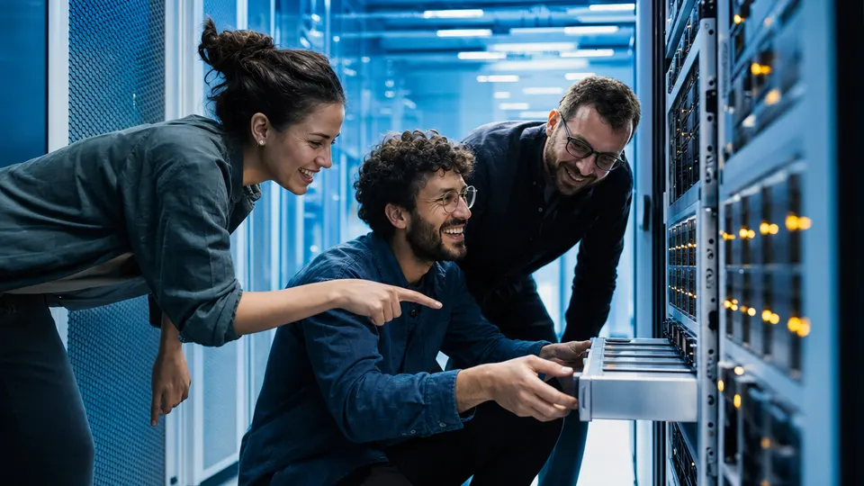 Three engineers install a server into a rack in a data center aisle, smiling and pointing at the blinking lights.