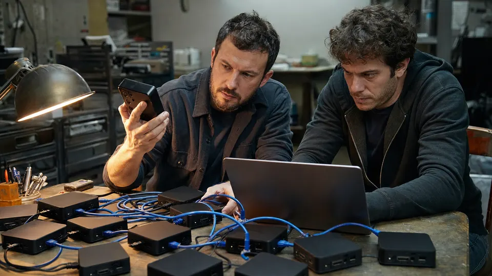 Two engineers examine a bench of fifteen networked budget Android TV boxes in a workshop.