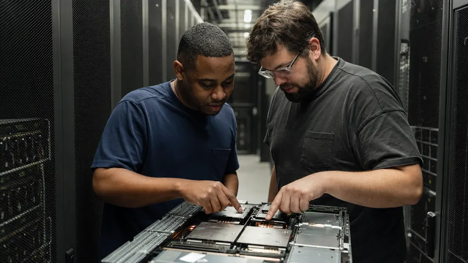 Two technicians inspect a server tray between rows of computing racks.