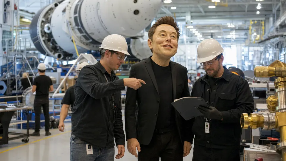 A caricature of Elon Musk walking through a Hawthorne, California factory floor while two engineers in hard hats talk to him.
