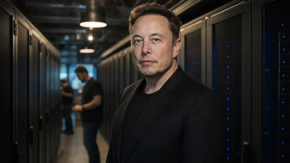 Illustrative photo of a man in three-quarter view standing between rows of servers in a large data center hall.