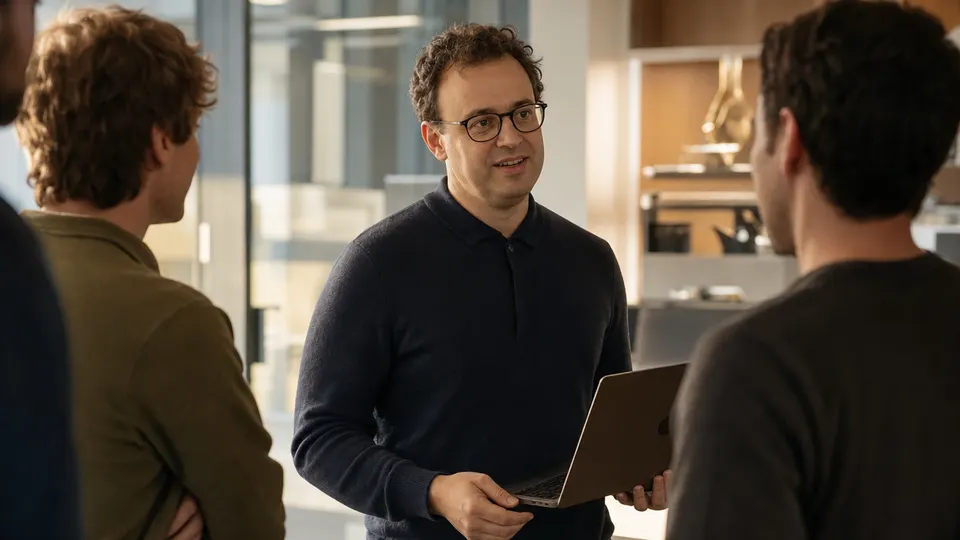 Illustrative photo of a technology executive talking with engineers in a bright office, laptop in hand.